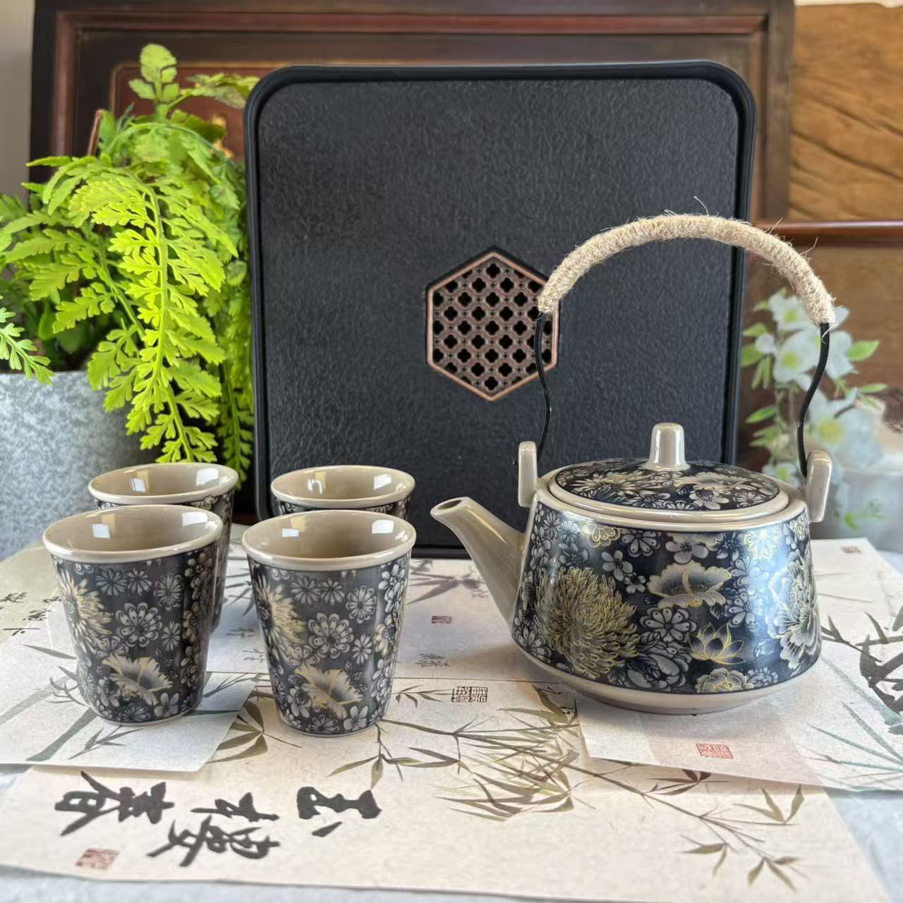草木灰黑金万花提梁壶一壶四杯+盘-1797