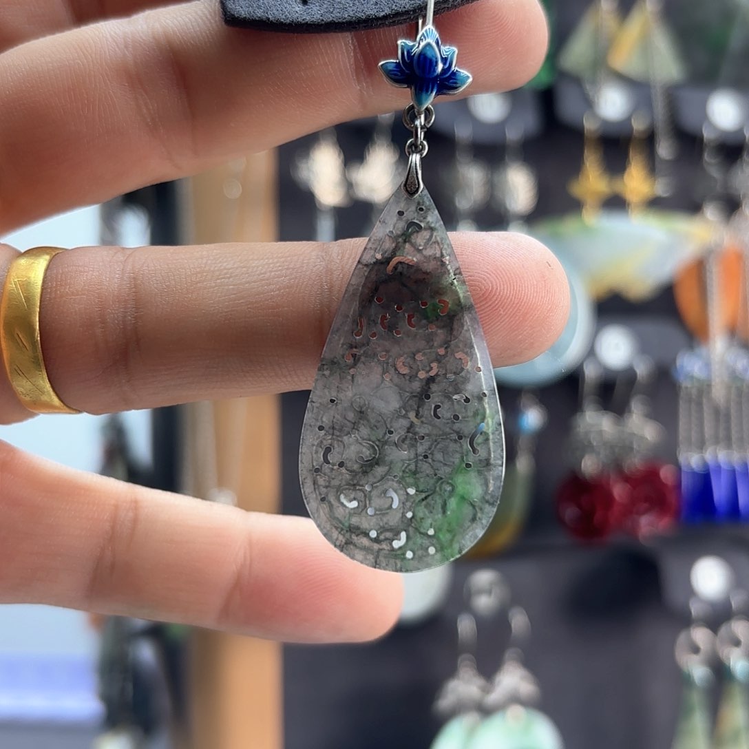 翡翠耳饰银S925镶嵌春*苗