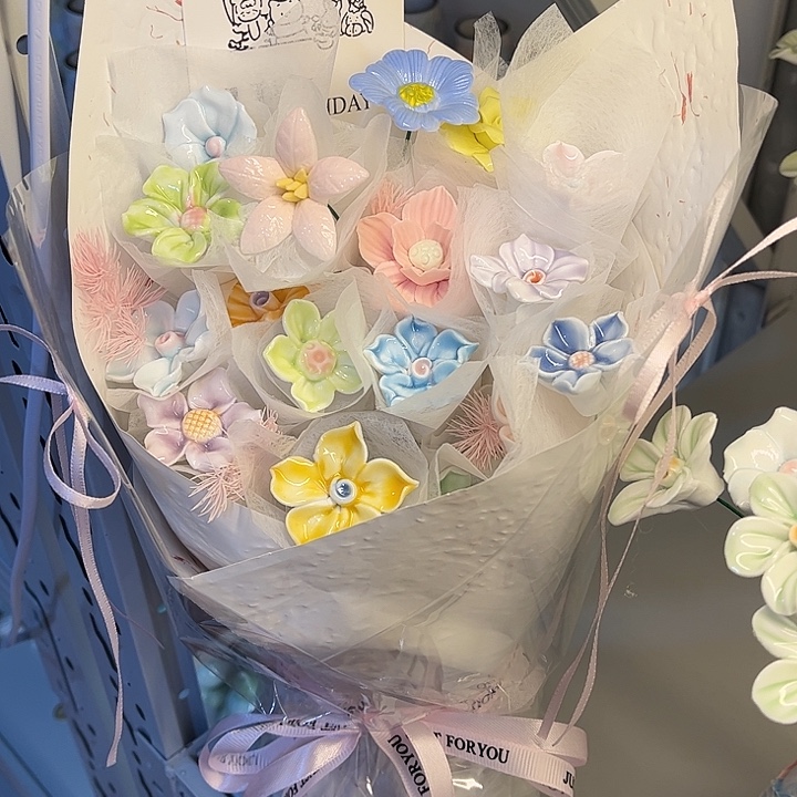 摆件陶18朵陶瓷花成品花束一岁一礼