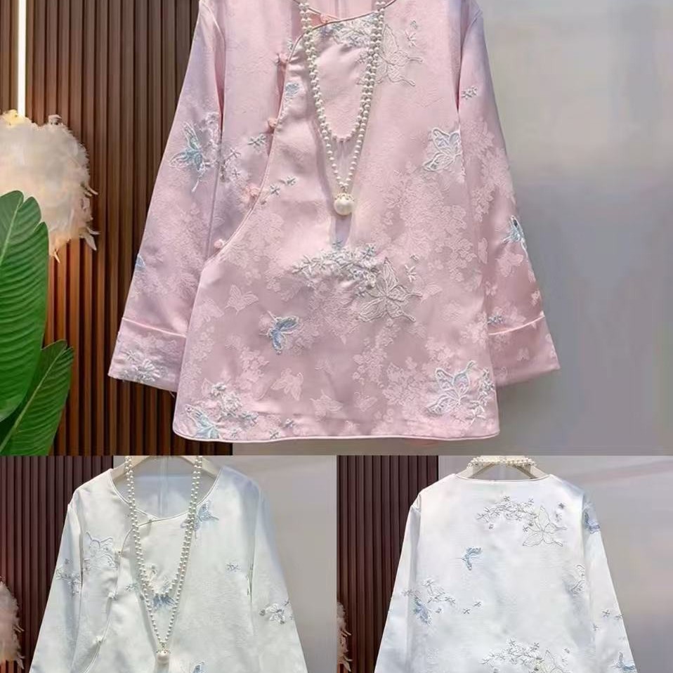 LL琳大码新中式轻奢国风刺绣盘扣长袖显瘦提花衬衫上衣8205