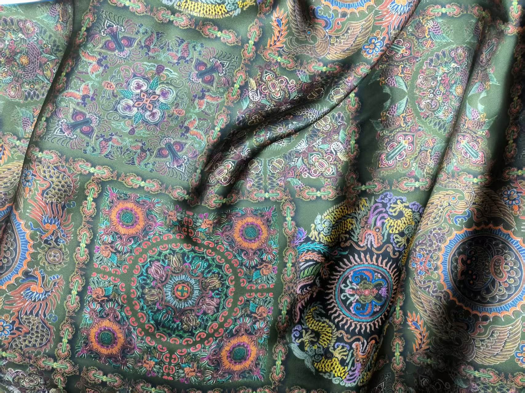 皮子 绿底龙凤图  布头 高清数码印花