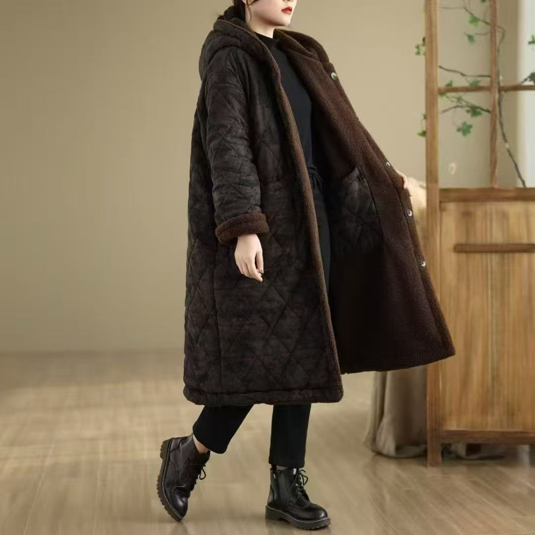 花璟与麻原创设计款连帽两面穿加绒棉衣（衣长105胸围142)