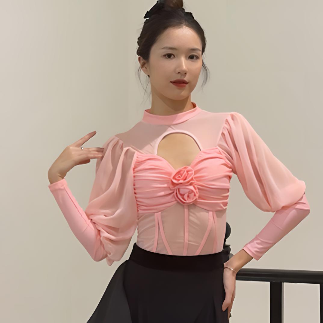 DM DANCEWEAR 国标舞服 ｜优雅公主 ｜玫瑰喇叭袖上衣春季女神风