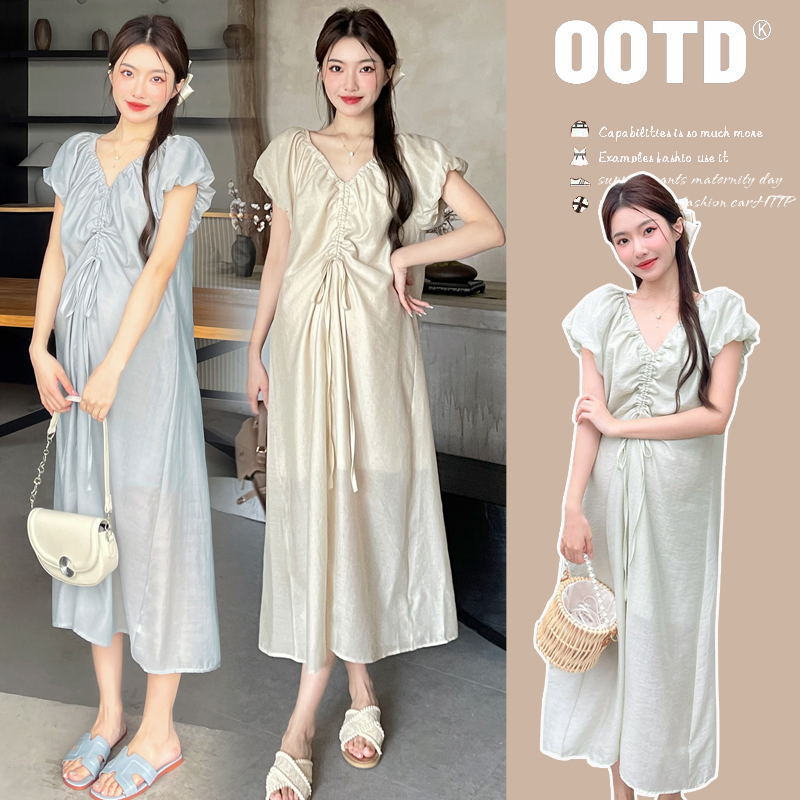 【安安】孕妈新款时尚设计感抽绳V领显瘦仙女直筒短袖连衣裙