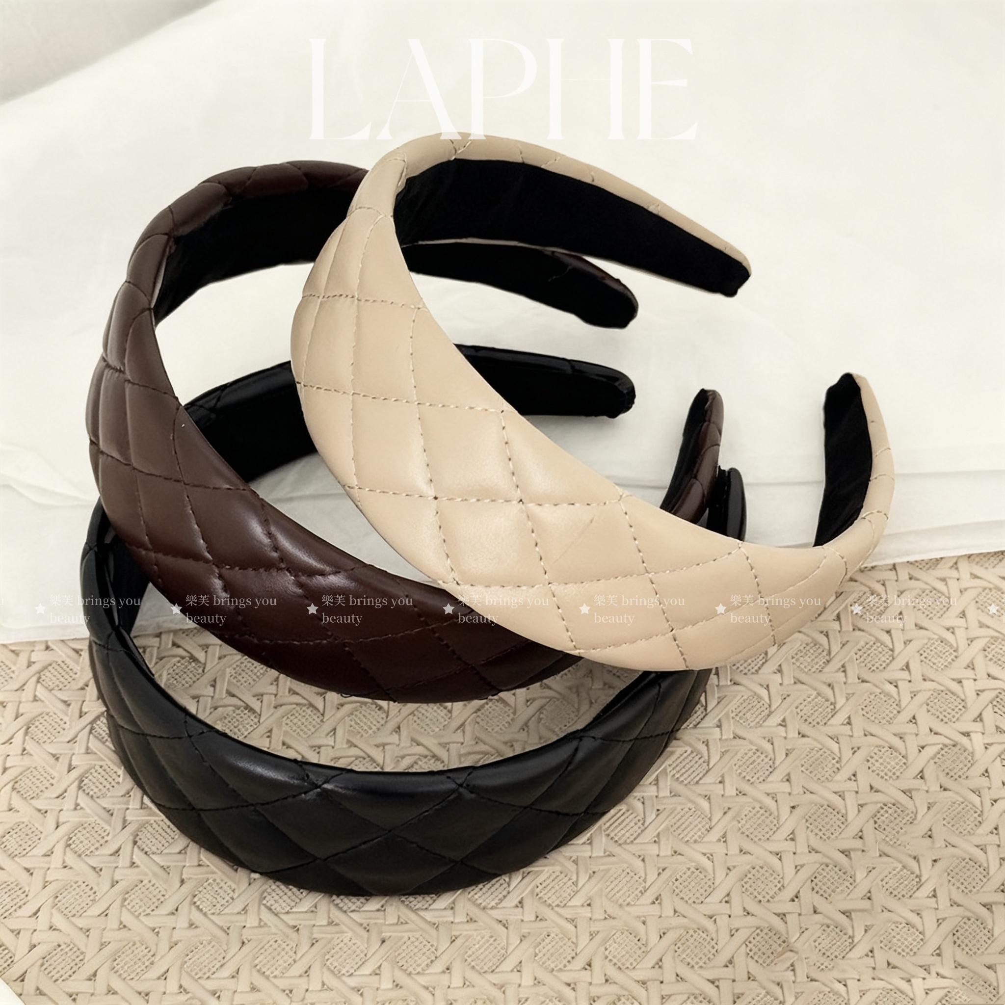 LAPHE 小香风发箍大方格压线PU皮头箍复古风简约基础外出压发卡