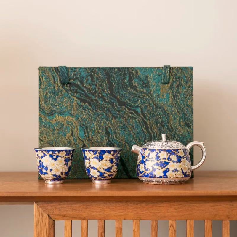 当代 郑文强傲霜冰梅银一壶两杯 Y82