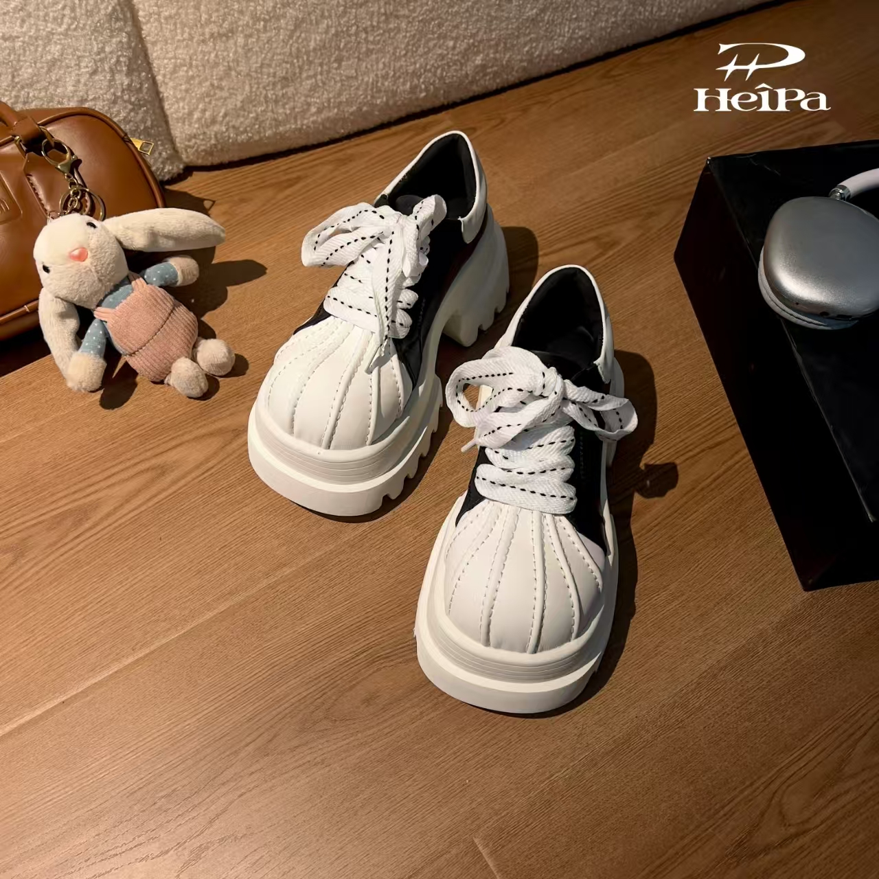 安暖家春季轻便板鞋小皮鞋圆头秋季松糕鞋豹纹单鞋系带CEB11