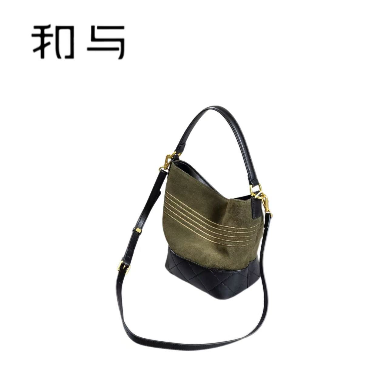 和与 |真皮拼色水桶包小号手提款单肩包优雅小众复古3979