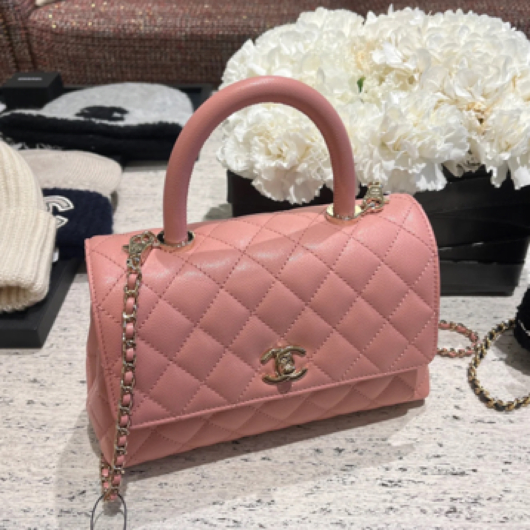 99新 Chanel/香奈儿 cocohandle粉色mini芯片款单肩包/78774