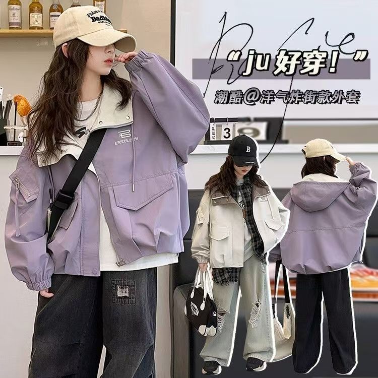 女童冲锋衣外套秋装2025新款洋气儿童春秋款小女孩运动连帽上衣潮