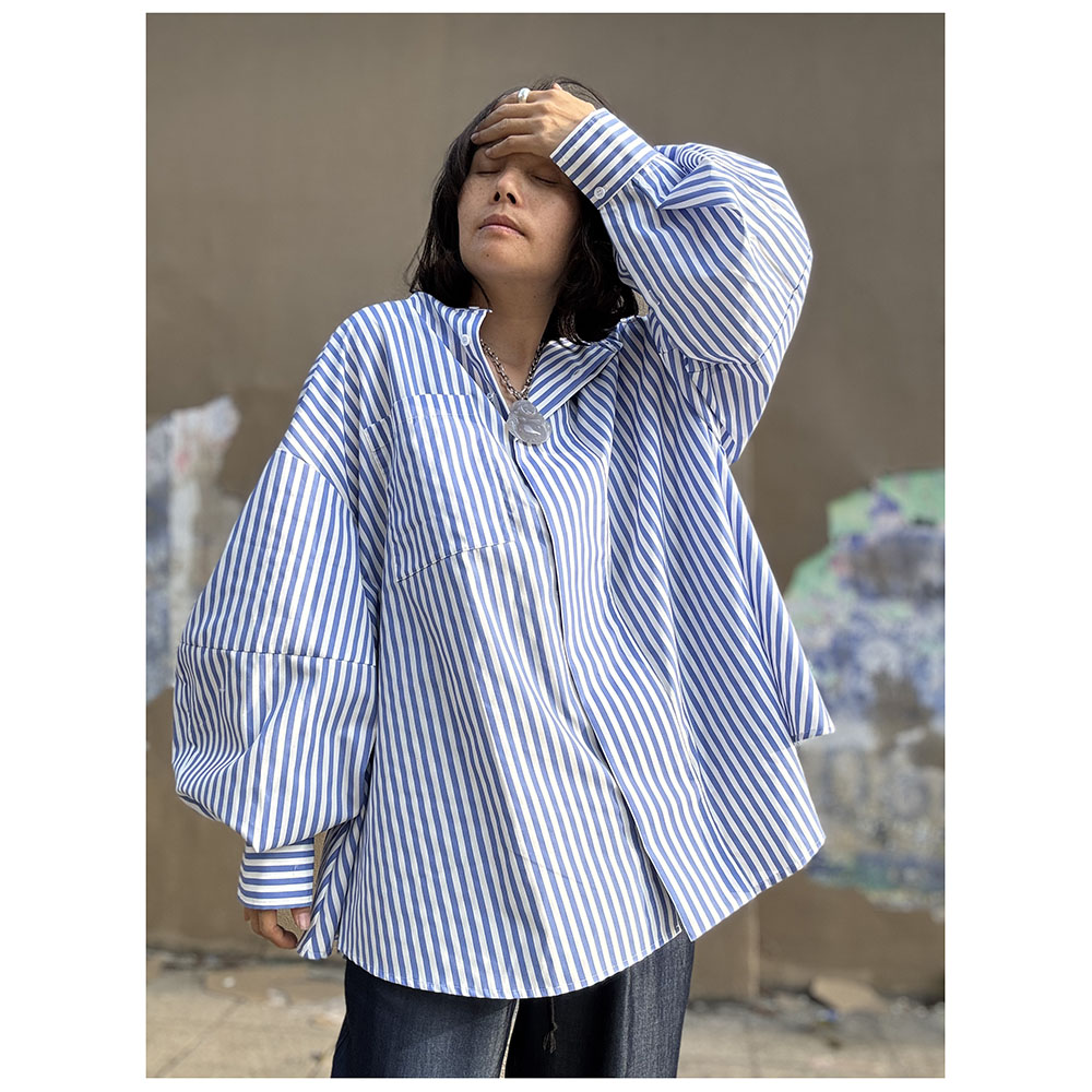 C065夏季新款女士宽松立领长袖女士条纹休闲衬衫