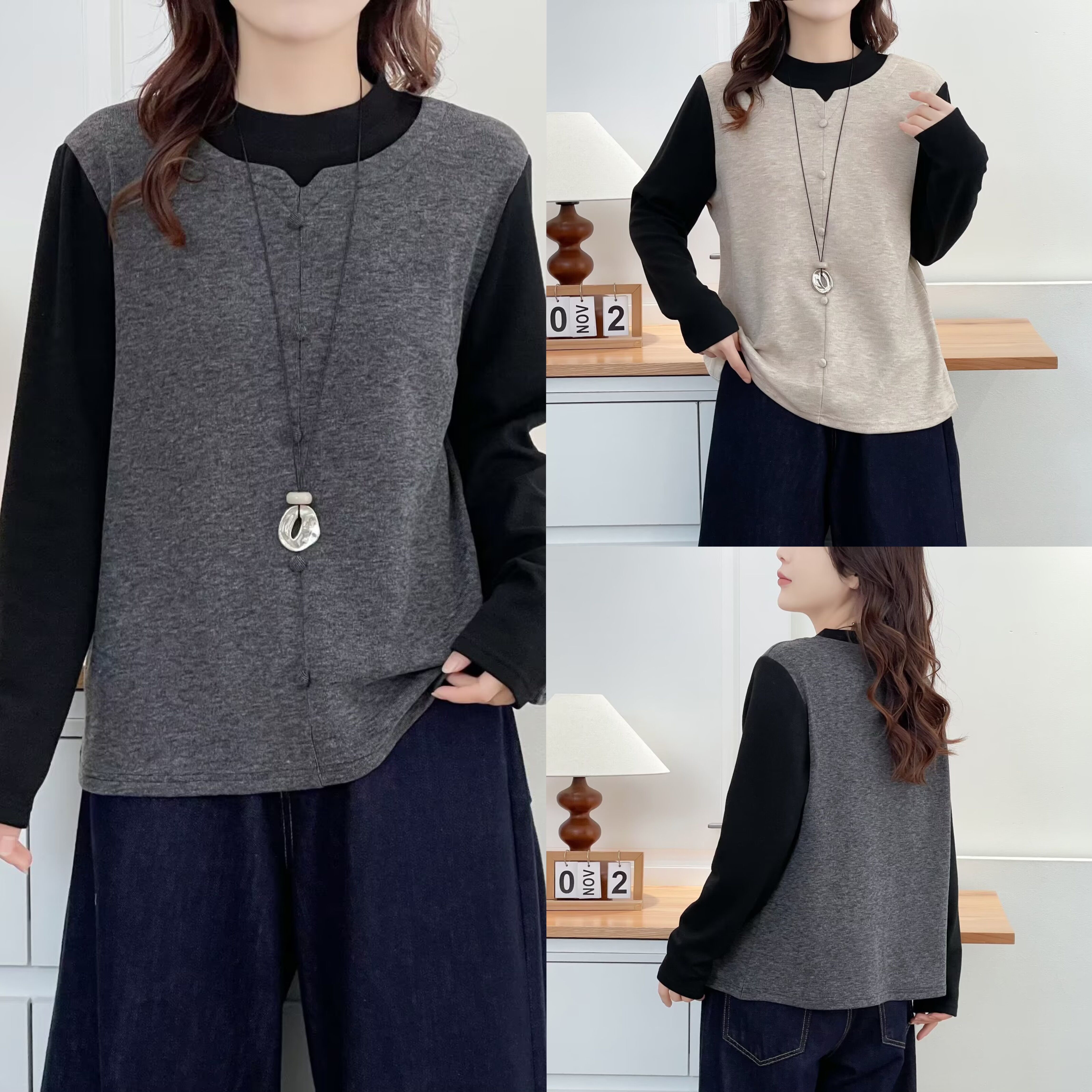 JIANAOBEN/简澳本微胖大码女装设计感假两件长袖打底衫T恤上衣