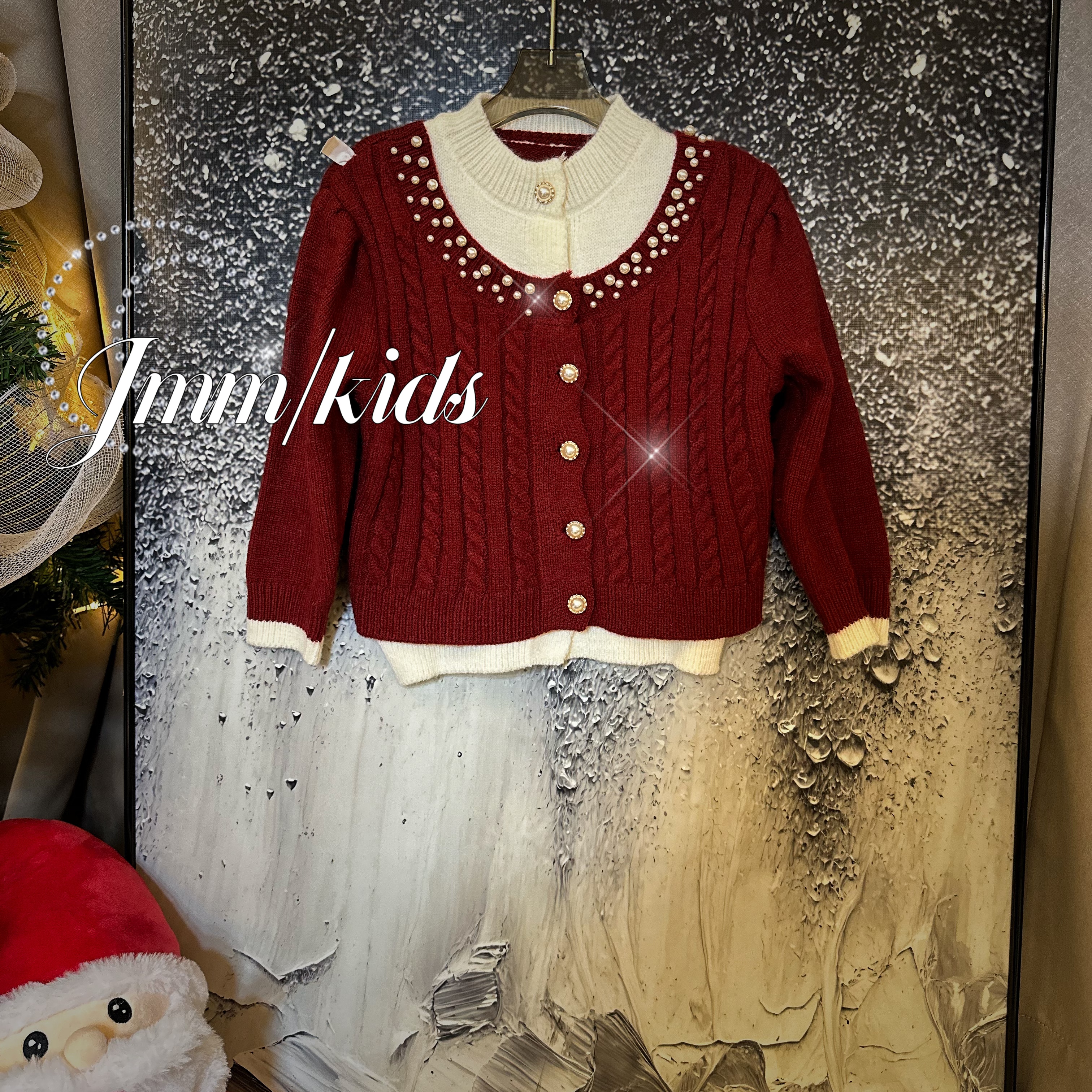 单品-红钉珠C011女童冬季保暖针织衫亲子装新年红色开衫洋气