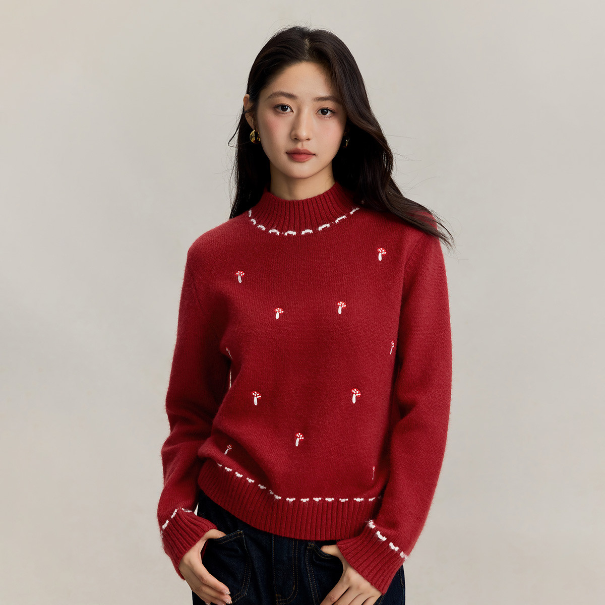 【鹿鹿罗专属】茵曼红色北极绒保暖半高领毛衣2025冬软糯绣花针织衫
