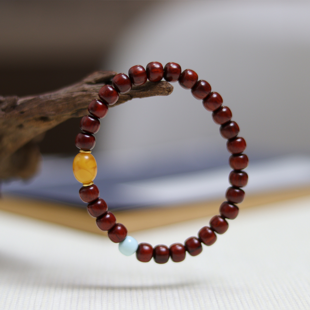 印度小叶紫檀手串·泥料6*7mm配绿松石蜜蜡·多样性发一·MZT2008