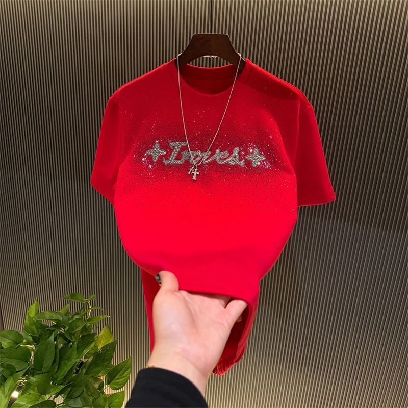 轻奢高定马年男士必备红色T恤刺绣烫钻潮流时尚秋冬半袖百搭舒适