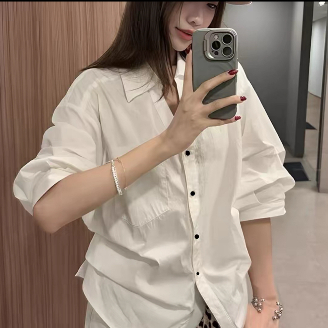 秋季新款休闲百搭白色翻领泡泡袖收腰气质衬衫女显瘦衬衣长袖时尚