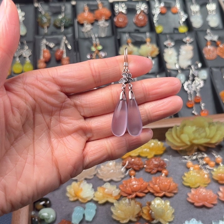 蛇纹石玉耳饰银S925镶嵌