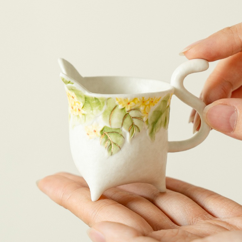 岩矿白纯手绘金桂猫型茶杯防烫个人家用主人杯陶瓷创意品茗喝茶