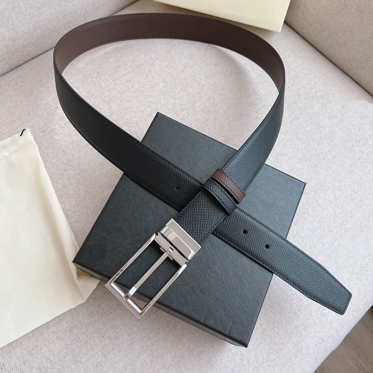 【含扣头】方头针扣3.5宽黑咖掌纹双面穿男士时尚百搭真皮皮带