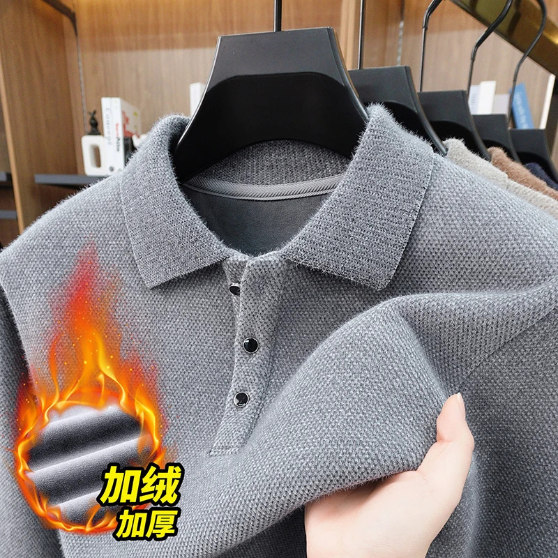 男士新款加绒加厚翻领带扣针织衫羊毛衫POLO衫长袖冬季保暖长袖