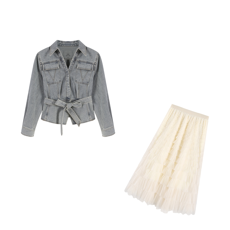 【苏柏妮】春季v领牛仔收腰显瘦上衣百搭蛋糕裙套装两件套ZL103350
