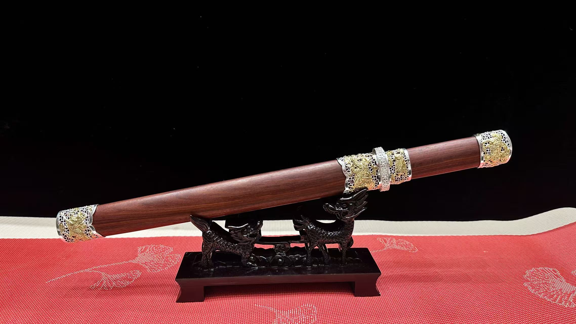 【墨隐星落】X双色麒麟短剑 大马士革托马斯纹 血檀 工艺品 未开刃 