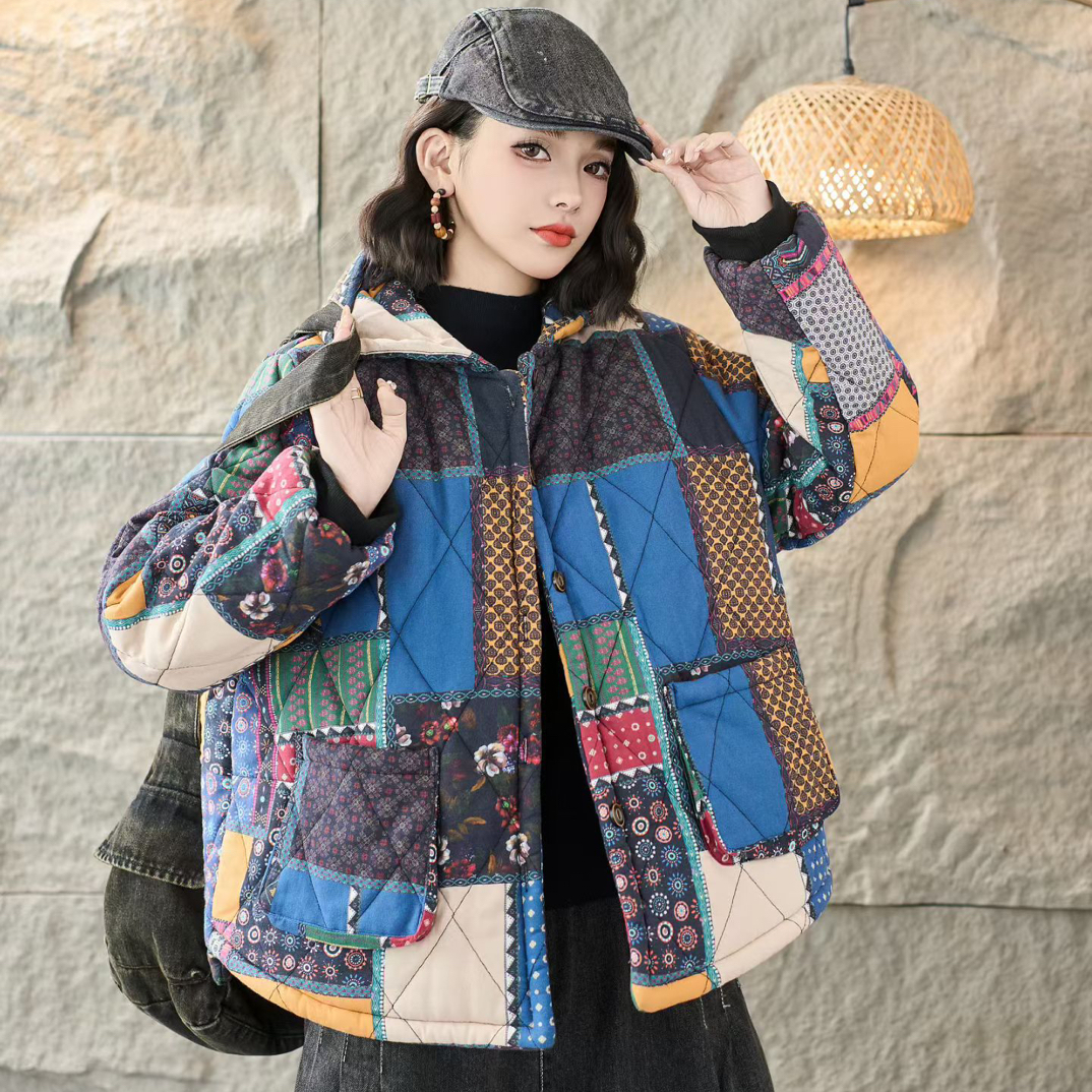冬季复古民族风印花连帽女士加绒加厚宽松保暖短款棉服百搭拼接