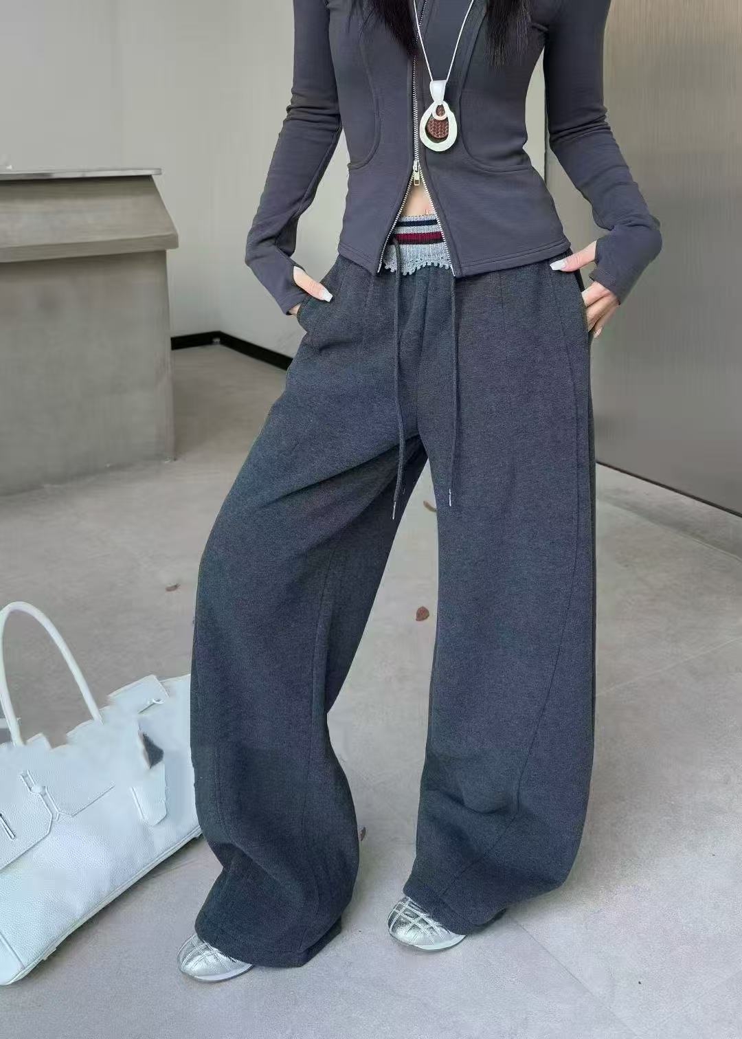 1101-3732 加绒加厚松紧腰抽绳慵懒风显瘦时尚复古休闲裤卫裤