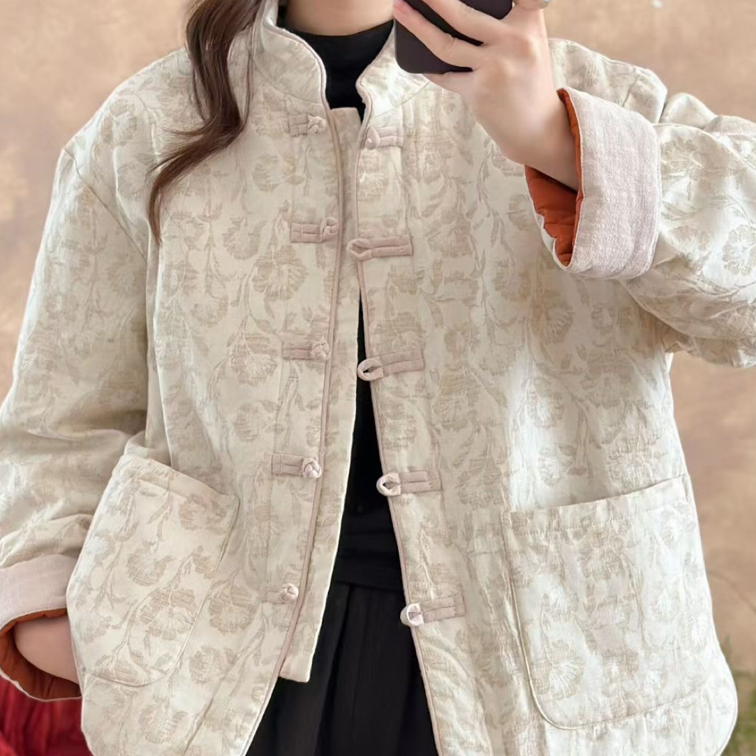 冬季复古盘扣亚麻棉袄加厚保暖短款女式新中式棉衣外套