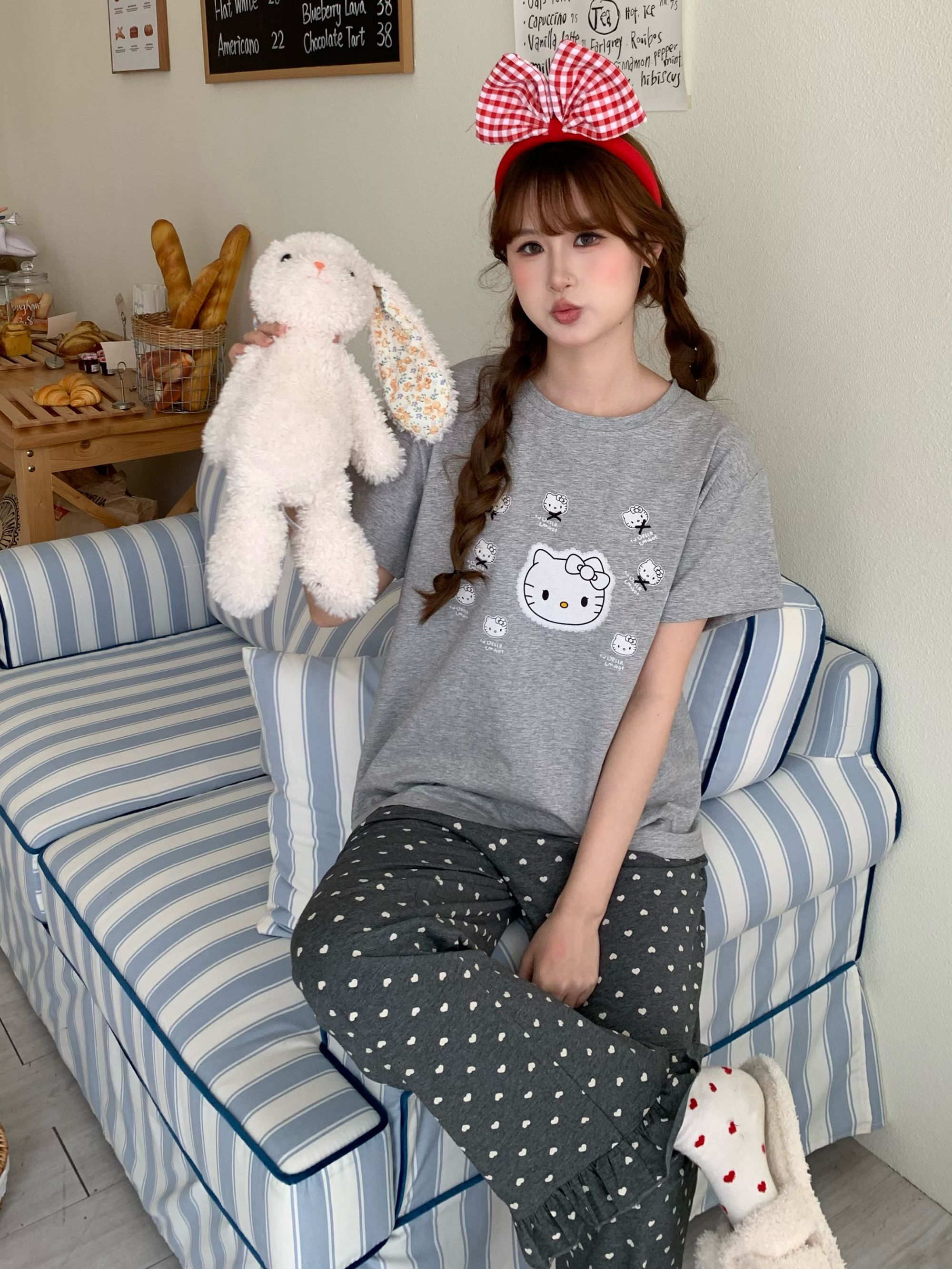 甜美KT猫波点印花睡衣女春夏纯棉短袖长裤宽松家居服套装