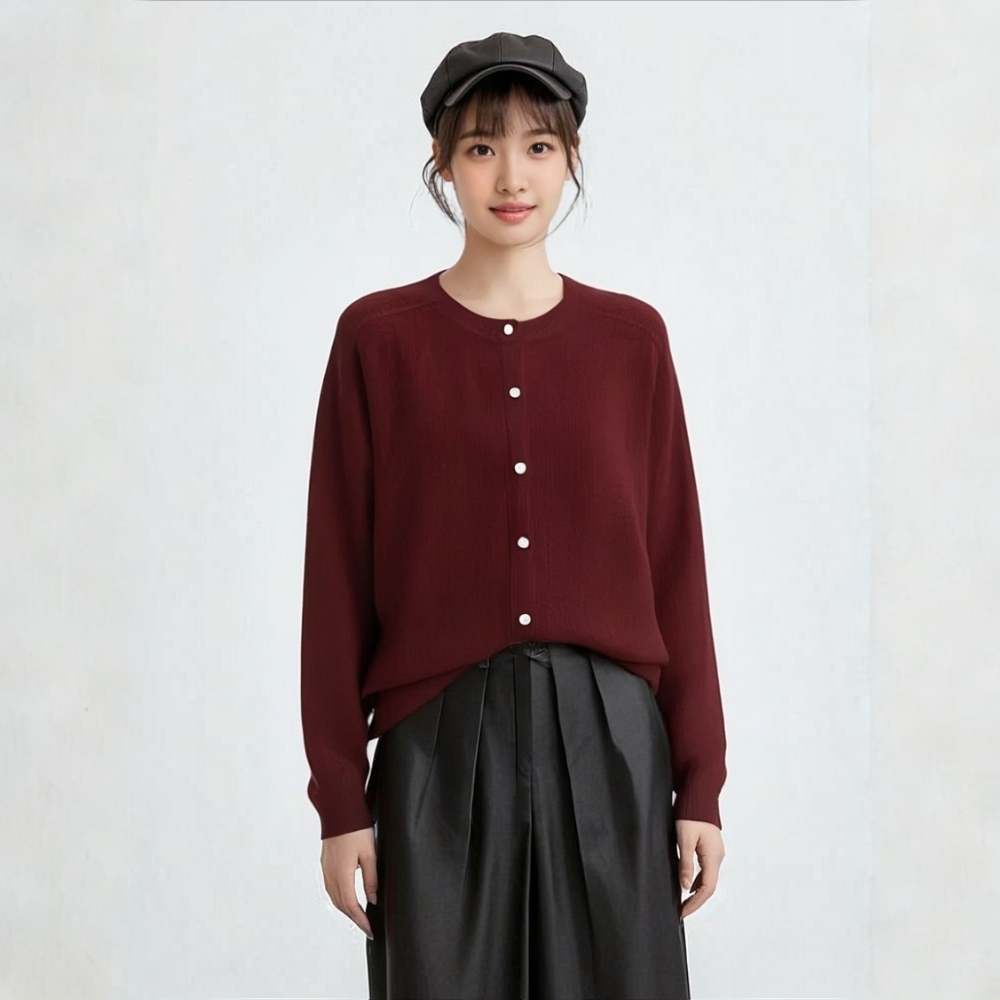 VillROSA 秋冬羊毛羊绒女款开衫加厚百搭宽松气质显瘦圆领针织衫