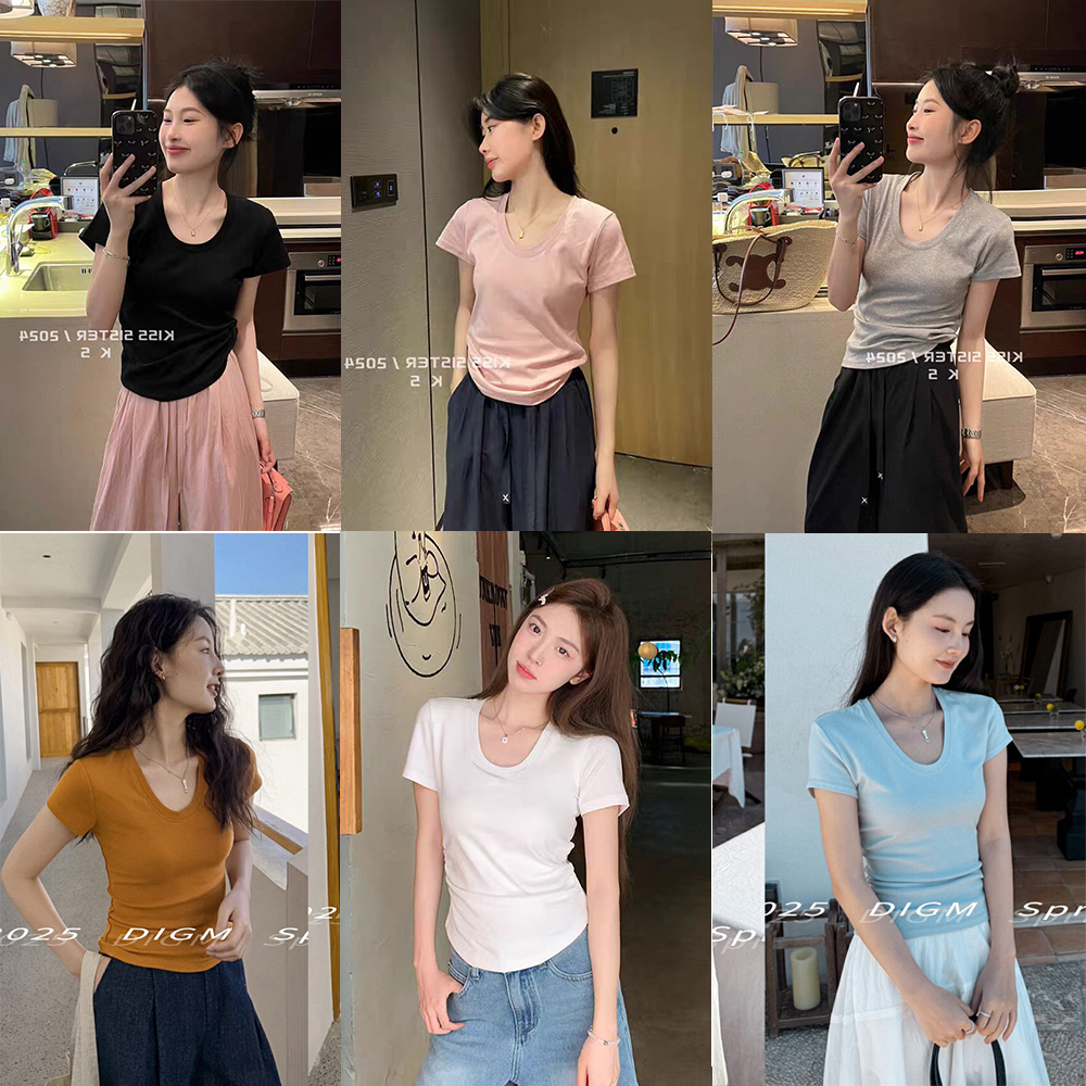 正肩短袖T恤女夏季新款圆领百搭设计感捏褶收腰显瘦裸感舒服打底