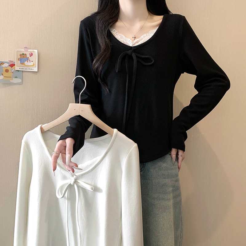 大码女装新款秋冬蕾丝拼接长袖磨毛加厚内搭打底上衣洋气打底衫