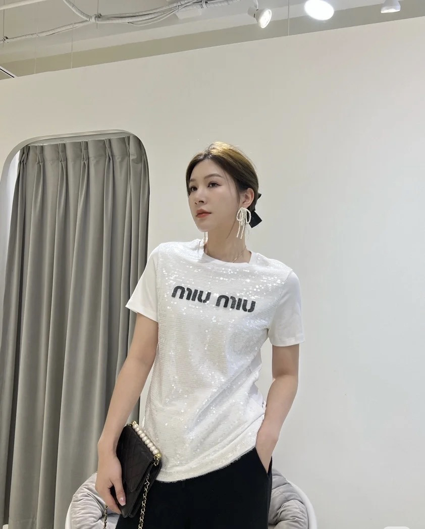 95新 MIU MIU/缪缪 CZF0601/MIUMIU /缪缪/亮片圆领短袖/尺码S