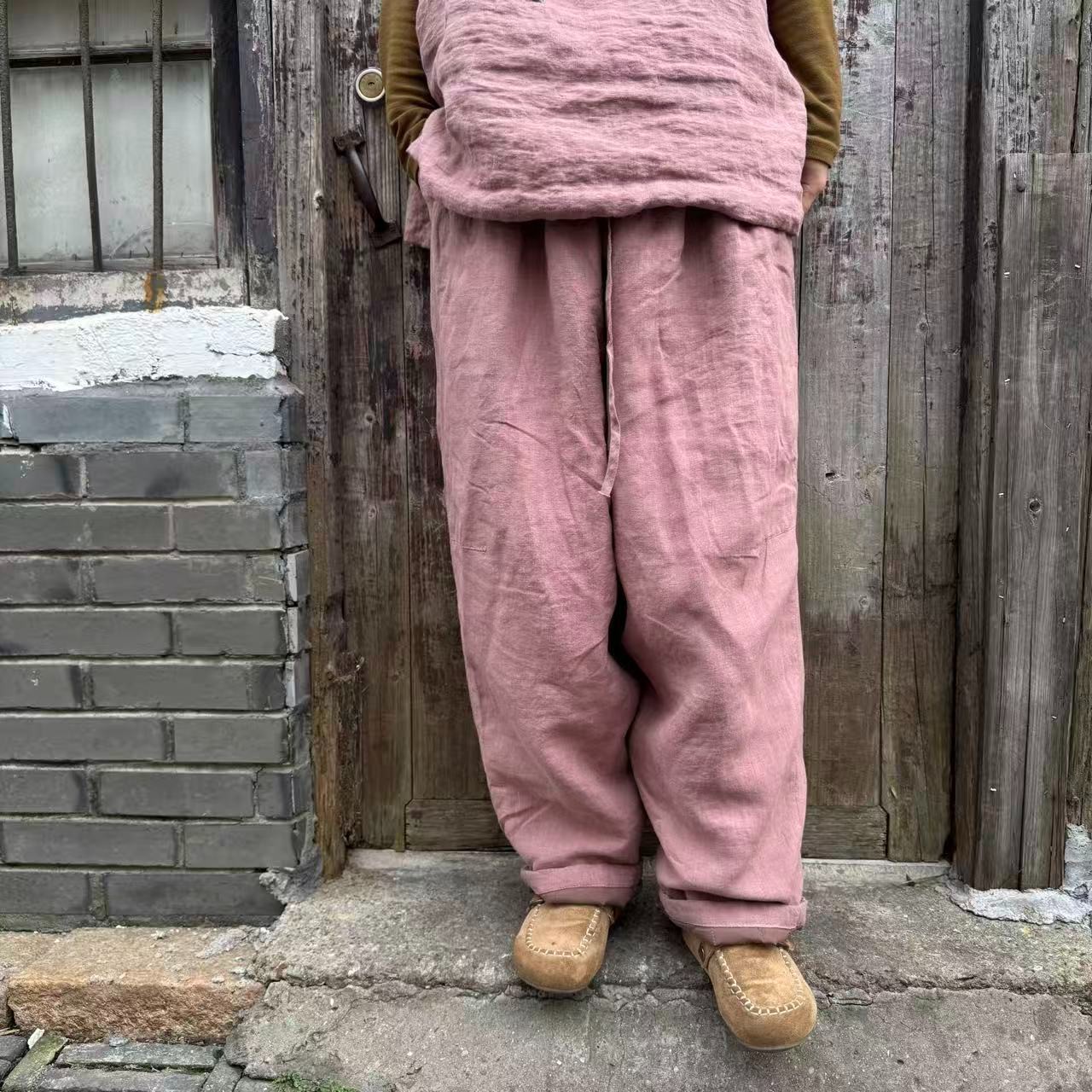 青布里|冬季砂洗亚麻棉裤休闲百搭 臀围145 裤长95