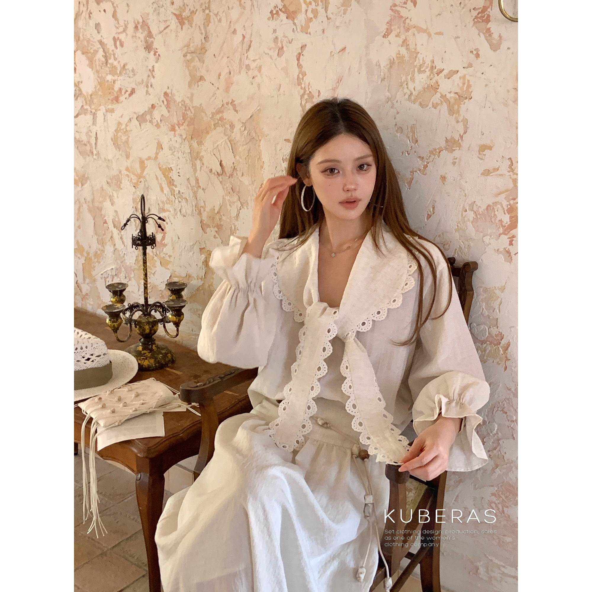 KUBERAS 宽松休闲设计感花边领喇叭袖麻料衬衫上衣A字长裙套装