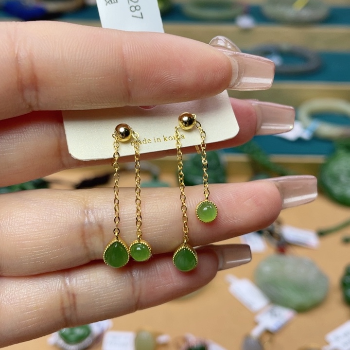 和田玉耳钉银S925镶嵌