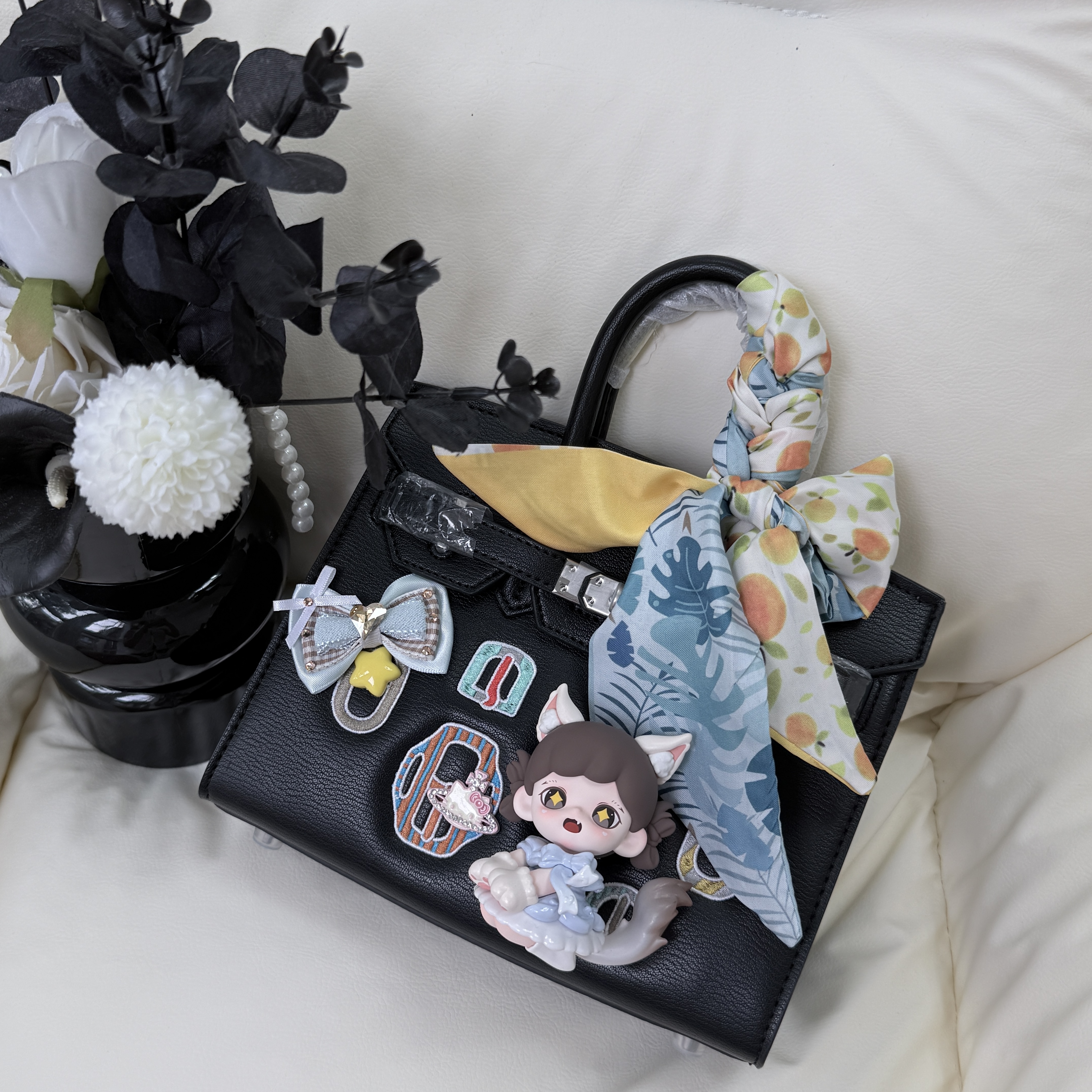 原创手工设计潮玩娃包 韩系轻奢小众设计黑色刺绣铂金包20cm