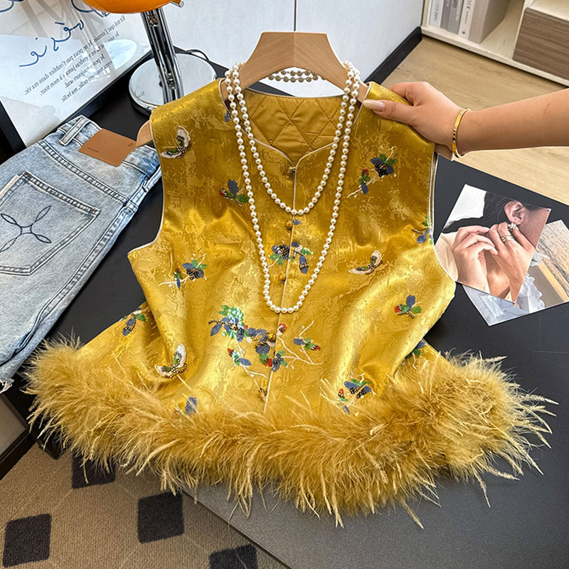 国风夹棉马甲女秋冬新中式外套夹棉坎肩背心高级感拼接毛毛马夹