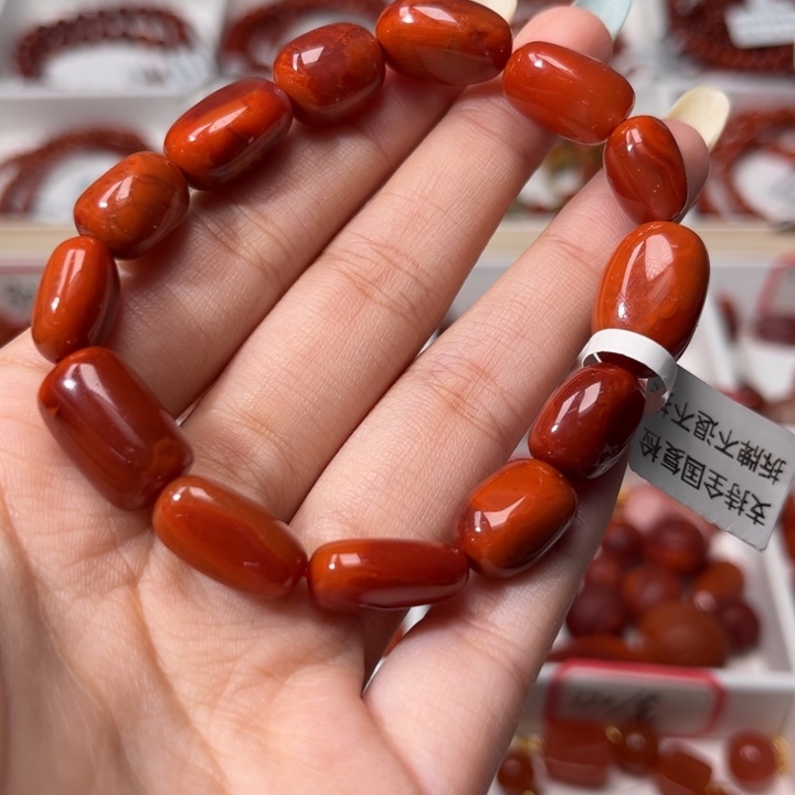 南红玛瑙未镶嵌手链满肉柿子红火焰随型9.5+mm