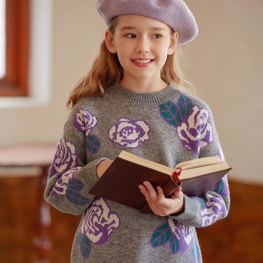 女童秋冬新款长袖提花针织衫冬季时尚圆领上衣