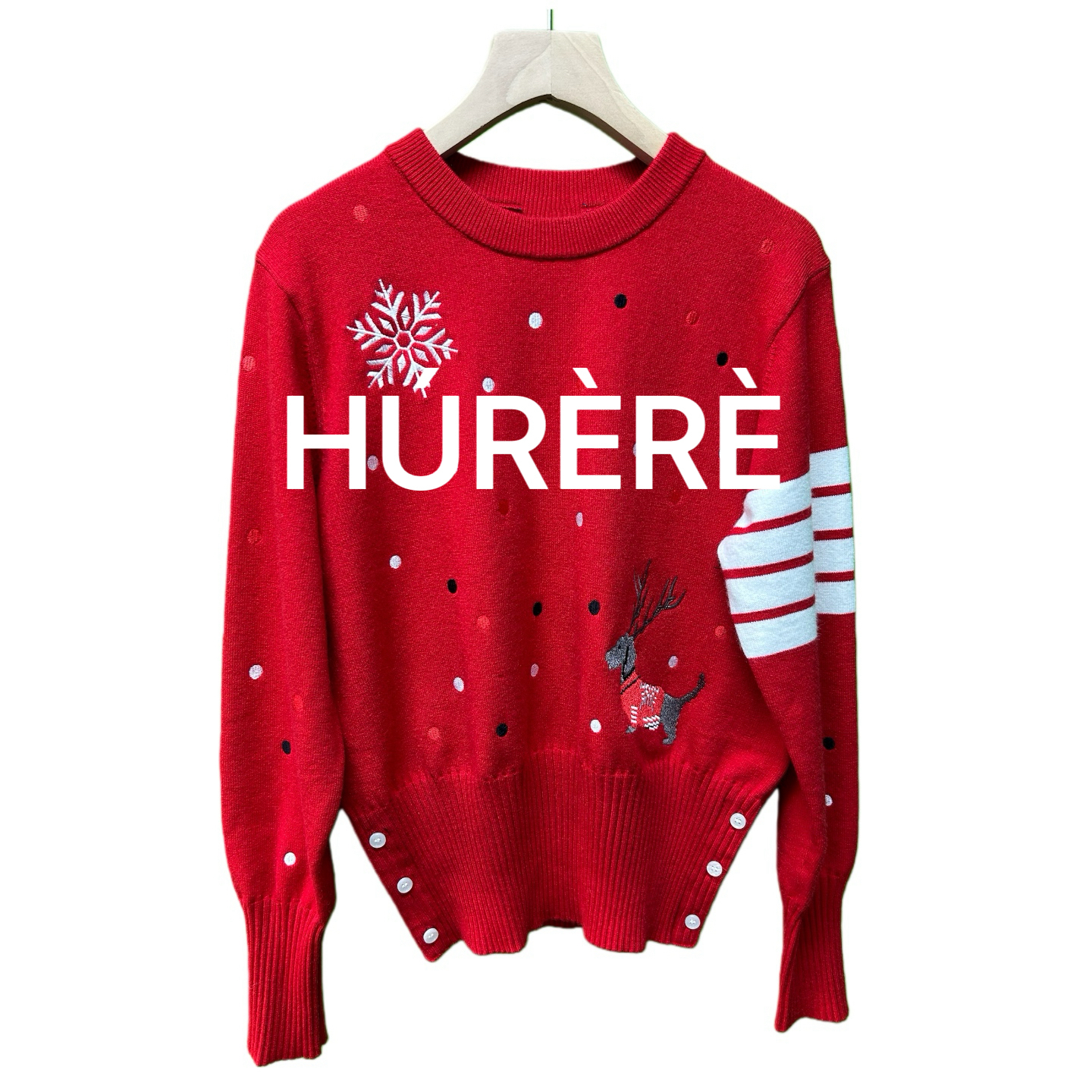 HÚRÈRÈ 【圣诞狗】重工圣诞雪花小狗刺绣波点毛衣 设计感套头毛衣