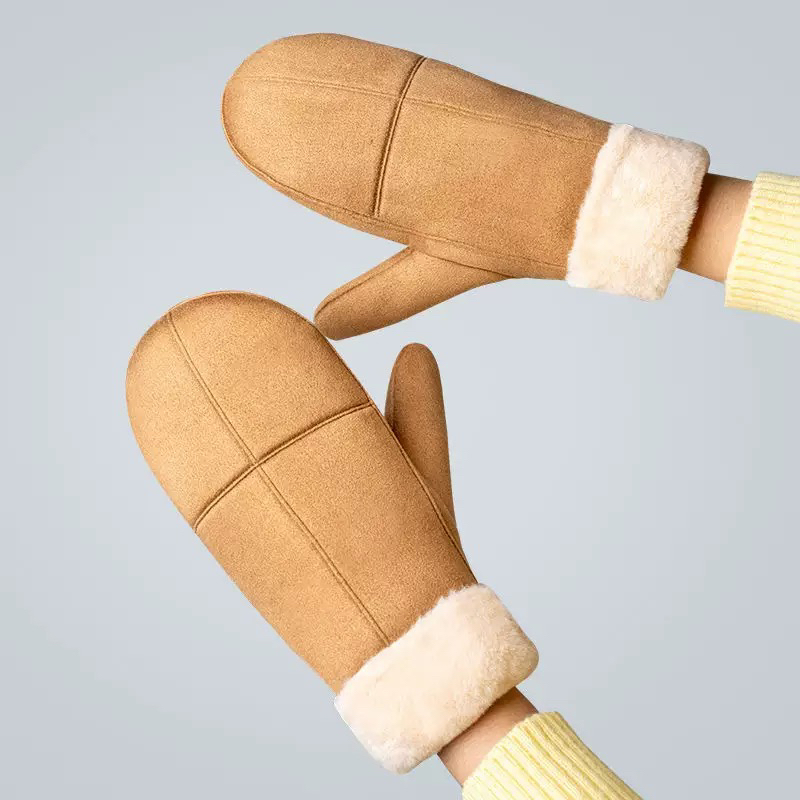 连指手套女冬季麂皮绒加绒加厚保暖防寒可爱学生挂脖户外骑车防风