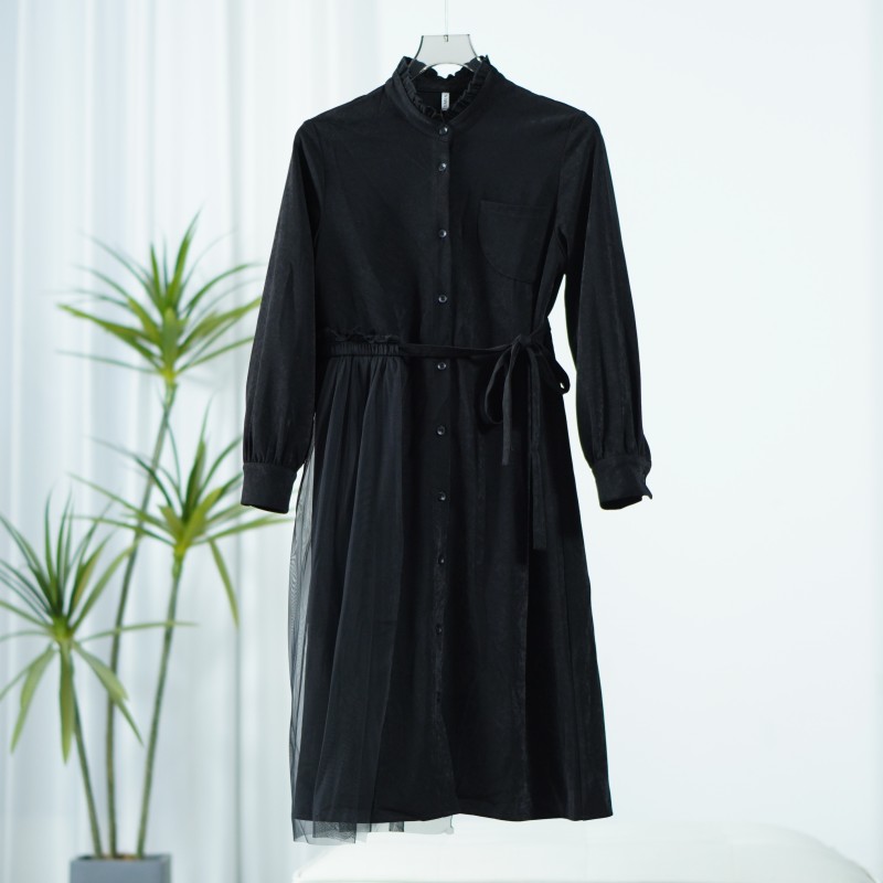 【诗M】E625-1  女装时尚拼接网纱连衣裙黑色2581525