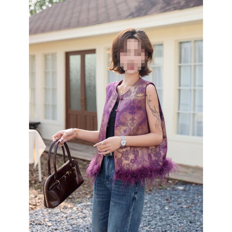 新中式国风时尚洋气马夹高端毛毛拼接夹棉气质百搭织绵提花马甲