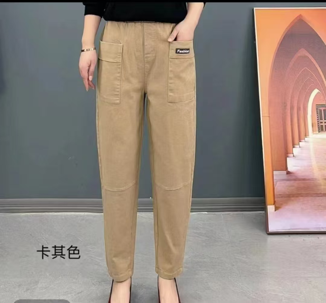 秋季水洗棉休闲哈伦裤时尚弹力松紧腰宽松百搭休闲裤大口袋2201