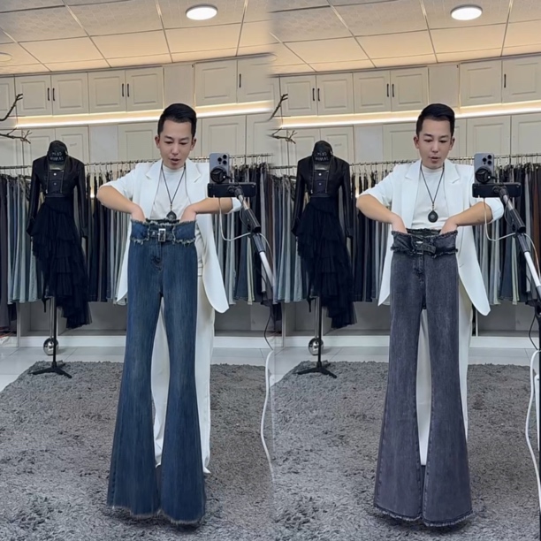 燕龙服饰原创设计2019牛仔微喇腰精款漫画腿水蛇腰定制加长