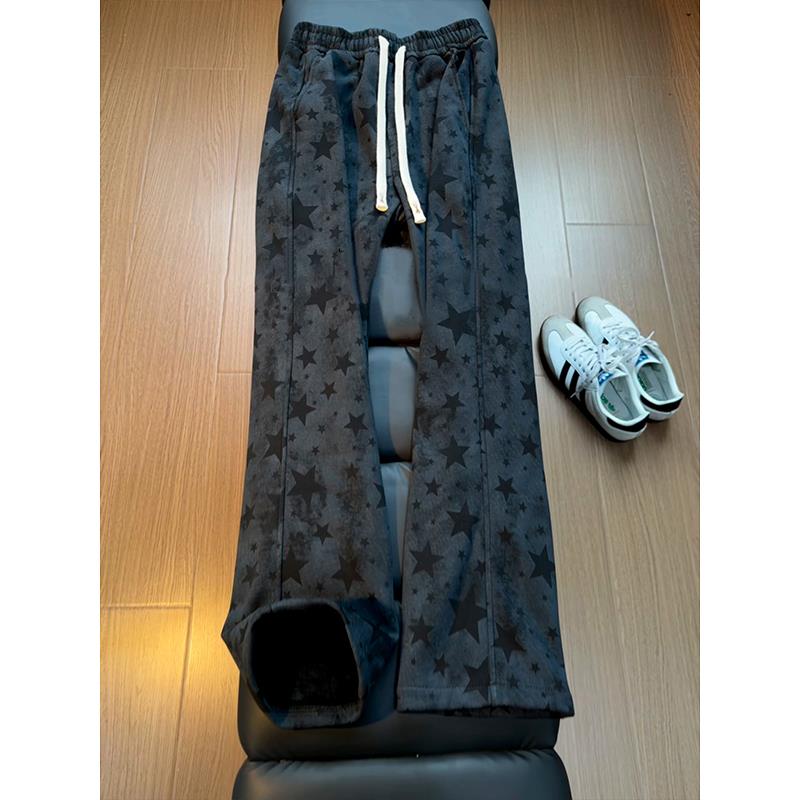 美式黑色加绒星星卫裤男女秋冬季加厚设计感裤子vide高街直筒长裤