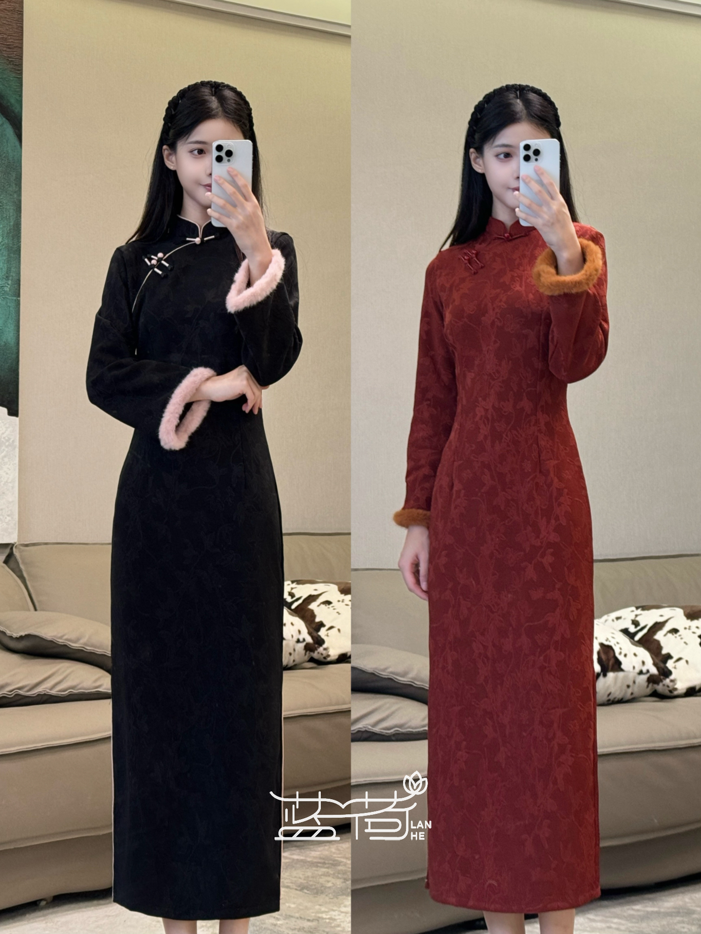 蓝荷【暖玉】新中式改良旗袍秋冬保暖显瘦优雅气质复古修身衣长120